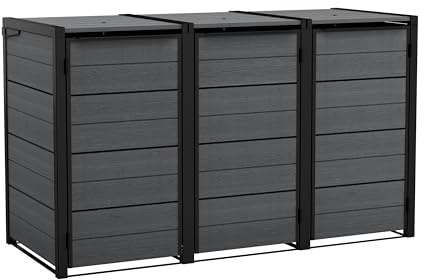 Keter 240L Hideaway 3-Bin Storage Unit | Evotech Wood-Effect, Weather-Resistant | Fits Three 240L Wheelie Bins | Steel & Aluminium Frame | Hydraulic Lids for Easy Access | Outdoor Bin Store