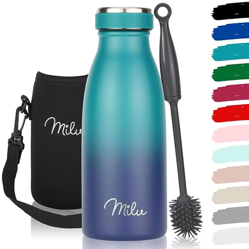 Milu Botella de acero inoxidable de 350ml 500ml 750 ml 1 L 1,5 L botella de agua aislada, termo a prueba de fugas, doble pared, apta para ácido carbónico + cepillo de limpieza (Azul Verde, 350ml)