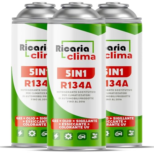 Ricaria Clima 5-en-1 – 3X Réfrigérant R134a 235 g Chaque Boîte pour Climatisation Auto avec Huile, Stop-Fuite, Traceur UV Et Déshydratant – Protège Le Compresseur