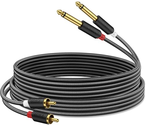 J&D Gold Plated Dual 1/4 TS to RCA Cable - Stereo Audio Interconnect with Nylon Braid for Mixer, Amplifier, 6 Feet