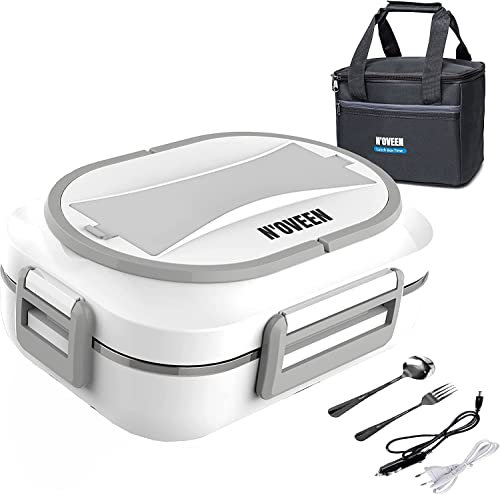 N'OVEEN Elektrische Lunchbox LB520 Speisenwärmer, Thermo Lunchbox Heizplatte mit 1 Liter Fassungsvermögen – 230V + 12V (Auto) - Food Box Warmhalteplatte bis 60°C Wärmedämmbeutel enthalten