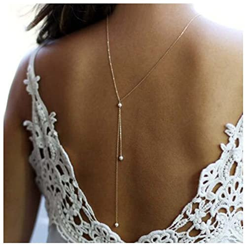 Yheakne Boho Perle Zurück Kette Halskette Silber Geschichteten Hintergrund Halskette Körper Kette Perle Braut Zurück Tropfen Kette Sommer Strand Körper Schmuck Für Frauen Und Mädchen Geschenke(Silber)