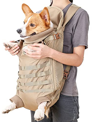 FLAdorepet Dog Carrier Tactical Backpack for Medium Large Dogs,Soft Hands-Free Legs Out Pet Front Cat Dog Carrier Backpack Travel Bag for Outdoor Traveling Hiking Camping (Medium, Khaki)