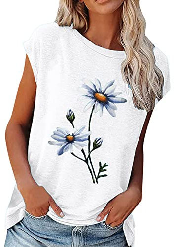 Kvinnors Avslappnade Rundhalsade Blommönster med Kort ärm Sommartröja (L)