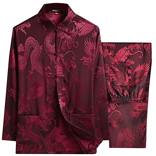 Chinese Martial Arts Uniform Tang Suit for Men Breathable Fabric Kung Fu Wing Chun Hanfu Traditional Suit (Dark Red, X-Large)
