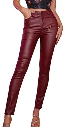 CABULE Pantalon en Cuir PU Femme Taille Haute décontractée Pantalon en Simili Cuir Mode Couleur Unie Streetwear Pantalon Crayon-Bourgogne-S