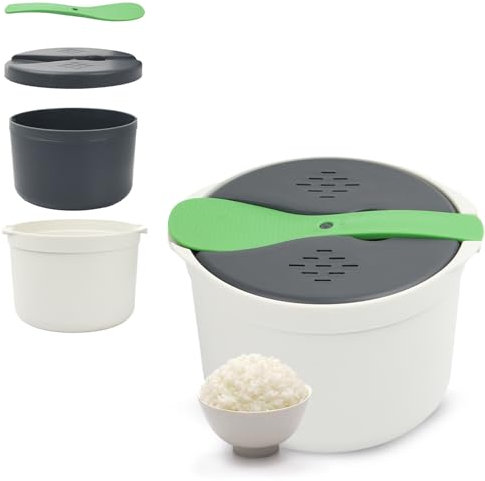 Cuociriso Microonde, Fornello per Riso a Microonde, Cuocere per Riso a Microonde, Cuocipasta a Microonde con Coperchio del Filtro e Cucchiaio Pentole la Cottura di Cereali Pasta Verdure, Verde 2 L