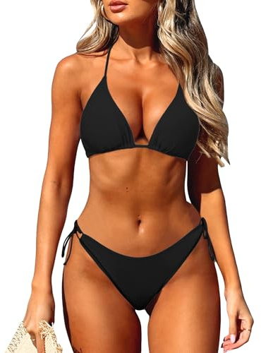 Coloquin Women's Bikini Sets Sexy Halter Triangle Bikini Two Piece Swimsuit Bathing Suit Black S