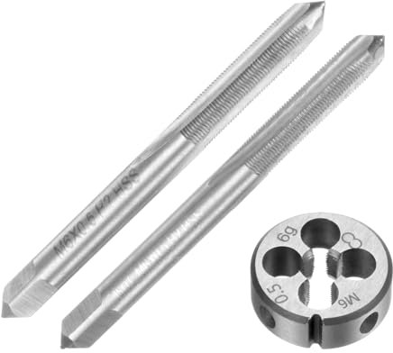 QUARKZMAN Set di 3pz Maschi e Filiera Metrici a Mano, M6 x 0.5 Maschi con Filettatura Conica/Tappo e Filiere Rotondo, Kit di Attrezzi Filettatura a Mano per Riparazione Filetti