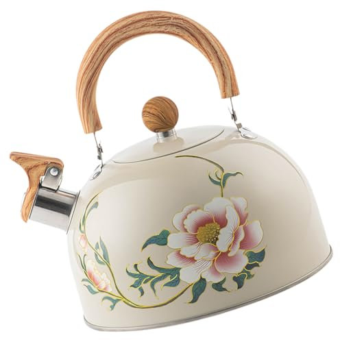 Luxshiny Bollitore Per Il Tè Con Fischio - Teiera In Acciaio Smaltato Floreale Da 3 Litri Con Manico Per Piano Cottura - Stile Vintage