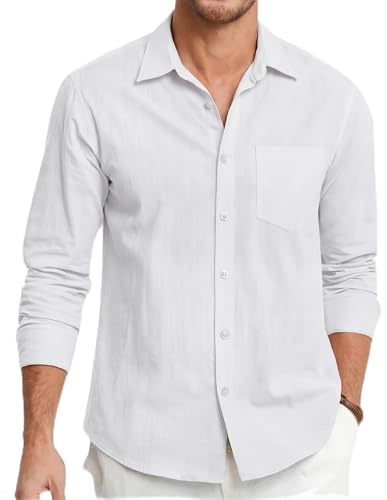 HISDERN Men's Linen Cotton Shirts Long Sleeve Lightweight Regular Fit Solid Button Casual Summer Shirt with Pocket