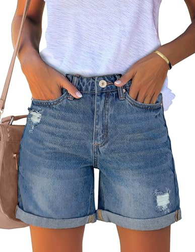 Roskiky Jean déchiré pour femme - Taille haute - Délavé - Ourlet roulé, bleu clair, XXL