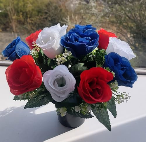 Mr. Barry’s Rose Artificial Flowers in Grave Flower Pots – UV-Resistant, Realistic, Long-Lasting Design for Cemetery, Grave Displays, Home & Garden Memorial Arrangements (Red White & Blue)