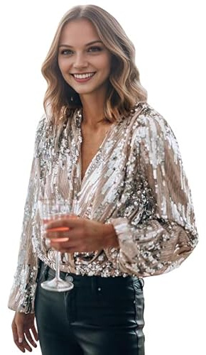 Boodtag Dam paljetttoppar, elegant, långärmad, glitter, t-shirt, lyxig, glittrig festblus med V-ringad, Storbritannien, damer, bröllop, aftonklänning