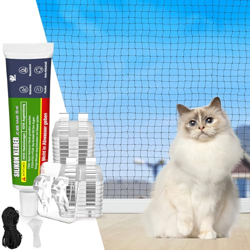 Aystkniet Katnät för balkong utan borrning inkl. Självhäftande krok och silikonlim, 6 × 3 m kattnät trådförstärkt, UV-resistent och väderbeständigt kattskyddsnät balkong, fönster och terrass