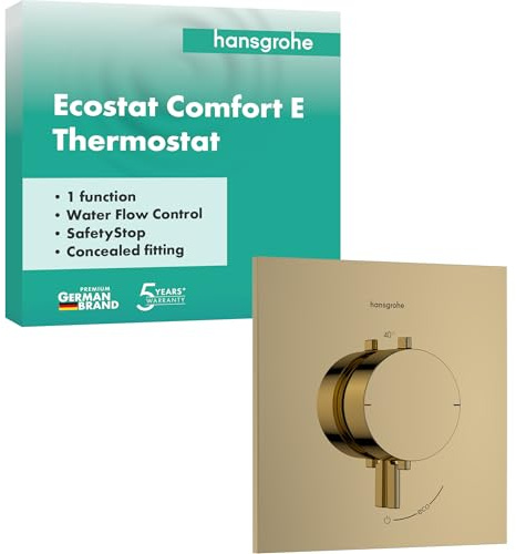 hansgrohe Ecostat Comfort E - Termostat för inbyggnad, Termostatblandare med säkerhetsspärr (SafetyStop) vid 40° C, Badrumsblandare för 1 funktion, polerad guld-optik, 33710990