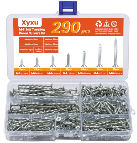 Xyxu M4 Wood Screws Assortment –290pcs Assorted Zinc Countersunk Self Tapping Screws for Wood 12mm, 16mm, 20mm, 25mm, 30mm, 40mm & 50mm with Storage Box As DIY, Furniture, Decking, Chipboard Screw