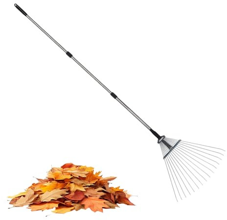 Tuxuseo Rastrillo de jardín | Rastrillo ajustable | Escoba abanico | Rastrillo de hojas de metal con guantes | Rastrillo de jardín - Rastrillo de césped para limpiar plantas, césped y patio