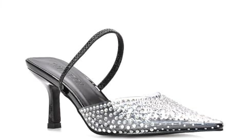 Women's Slingback Court Shoes Ladies Clear Stiletto Heel Black Perspex Diamante Jewel Point Toe Party Sandals Size 5