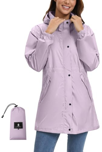 SaphiRose Women's Lightweight Long Rain Jacket Packable Raincoat Hooded Outdoor Trench Coats (Light Purple, XL)