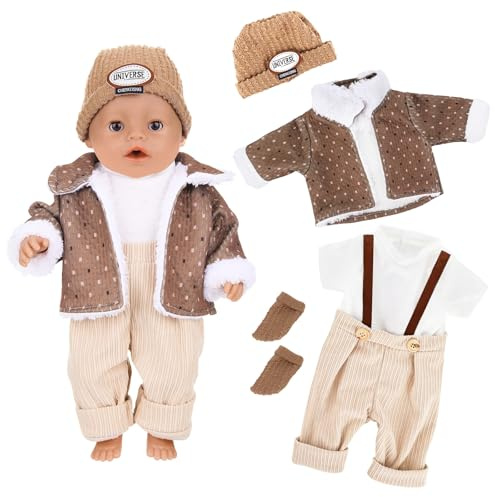 Baby Puppen Puppenkleidung 35-43 cm, Kleidung Outfits für Baby Puppen Größe 43 cm mit 1 Plüsch Mante, Latzhose, Oberteil , Hut, Socken, Winter Kleidung Outfits für Baby Puppen