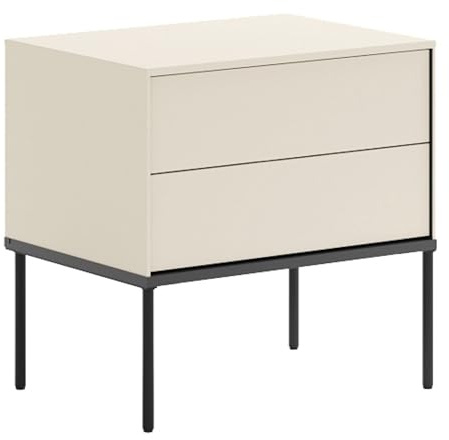 Selsey Mesitas de Noche Crema 56 cm - Muebles de Salon Modernos y Elegantes con Sistema Push-to-Open, Mesita de Noche Minimalista con Patas Metálicas Negras y Amplias Gavetas, Fabricada en Polonia