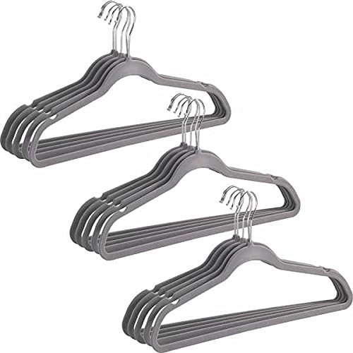 WENKO Wäsche Kleiderbügel beflockte Anti-Rutsch Samt Kleiderbügel 15er Set mit Hosensteg und Rockeinkerbung platzsparend extra dünn drehbare Haken Stabiler Kunststoff für T-Shirts Grau 45x23,5x0,4 cm