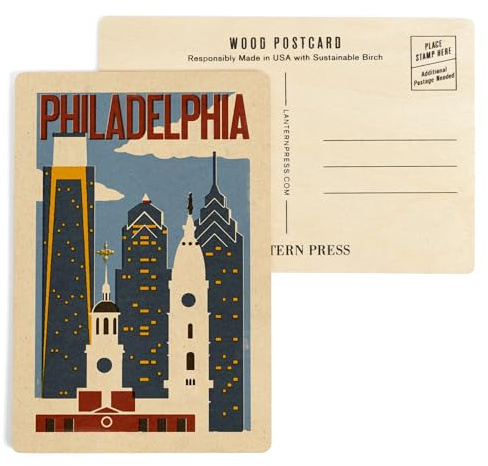 Philadelphia, Pennsylvania, Woodblock (4x6 Birch Wood Postcards, 2-Pack Stationary, Rustic Home Wall Decor)