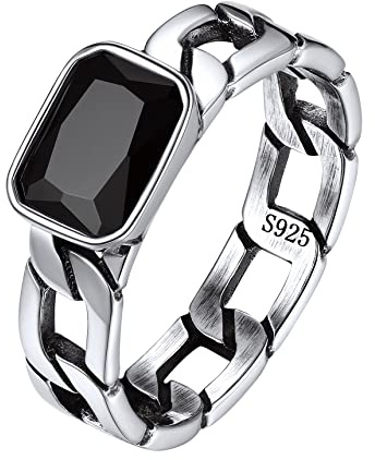 Bestyle Anillo Plata de Ley 925 Anillos de Cadena Cubana con Circonita Cúbica Negra Anillos de Hombre Mujer Tamaño 22,25