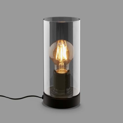 BRILONER – Nachttischlampe, Rauchglas, Kabelschalter Schreibtischlampe, Tischlampe E27 für Home Office, Leselampe, Schwarz, Zylinder - Form, 7616015