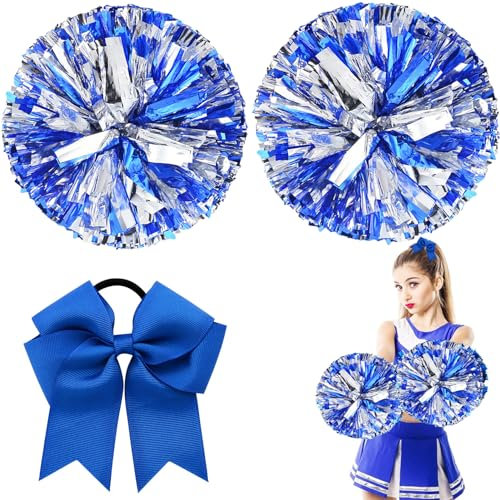 3 Stück Cheerleader Pompons, Cheerleader Pompons Blau, Sport Pompons Cheers Ball Pompoms, 2 Pompoms + Haarband, Metallfolie Puschel Tanzpuschel für Tanzparty Sport Wettbewerb Team Geist