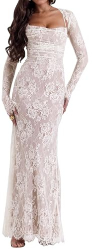 White Lace Dresses for Women, Cami Lace Maxi Dress Romantic Long Sleeve Bodycon Dresses Elegant M