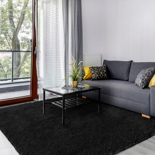 SOANNY Rugs Living Room, Soft Fluffy Shaggy Carpet Black, 120x170cm | Machine Washable, Non Slip, Area Mat, Bedroom Dorm Office Lounge Playroom Nursery Bedside Sofa Kids Room Home Decor