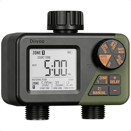 Diivoo Temporizzatore Irrigazione 2 Vie, Centralina Irrigazione Automatica Giardino IPX5 Impermeabile, Display LCD Grande, Ritardo Pioggia e Irrigazione Manuale, Timer per Prato Giardino Piante Fiori