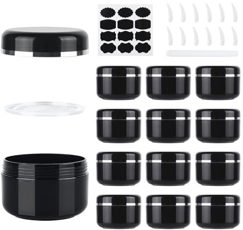 MirraSwit 12 Pezzi 100ml Contenitori Cosmetici Riutilizzabile Plastica, Crema Barattoli Vasetto Vuoto di Bordo, Barattolini Cosmetici, con Cucchiaio Raschiatore, Etichetta per Lozioni e Creme