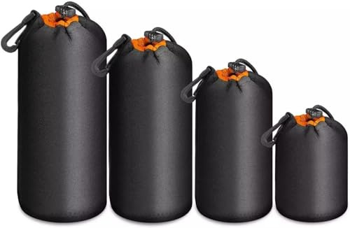 4-pack kameralins påsar påse väska och fodral set – tjock 4mm väskor neopren med mjukt sammetsfoder – vattentåliga dragpåsar med karbinhake och bältesögla – S/M/L/XL för DSLR och spegelfria linser