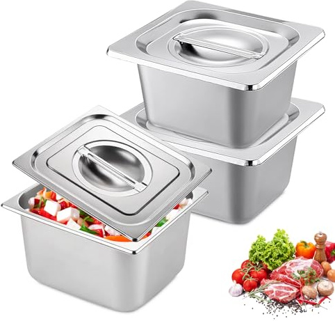 PORFOYO Juego de 3 cuencos para empanar, de acero inoxidable, 3 piezas, recipiente de acero inoxidable con tapa 17,2 x 16,2 x 10 cm, recipiente Gn 1/6, sartenes de hotel, sartenes de mesa de vapor