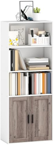 HOMCOM Bibliothèque Meuble de Rangement Étagère à Livres 5 Niveaux avec Cadre en Bois, Compartiments Ouverts et 1 Placard pour Salon, Bureau ou Salle à Manger, Blanc
