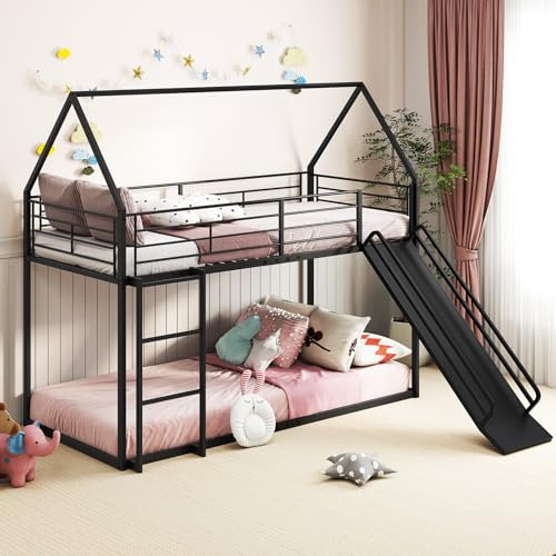 GIANTEX Lit Superposé pour Enfants 90 x 200 cm, Lit Mezzanine avec Toboggan et Échelle à 3 Marches, Structure en Métal avec Barrière de Sécurité et Rangement, sans Matelas (Noir)