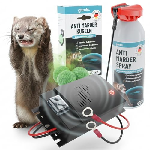 greate Marderabwehr Komplett Set - Marderschreck Auto mit 12V Batterieanschluss + Anti Marderspray 400ml + 4X Marderschreck Duft Kugeln inklusive Halterung