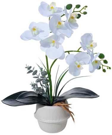 ucky Upgraded White Artificial Orchid Flowers with Ceramic Vase Fake Orchids Real Touch Flowers for Home Decor Bathroom Decoration Table Centerpieces (Small White)