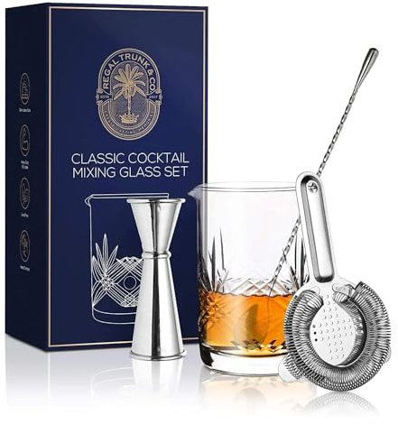 REGAL TRUNK & CO. Klassisches Cocktail-Rührglas-Set – nahtlos gewichtetes, bleifreies, handgefertigtes Kristall-Rührglas im Yarai-Stil |japanischer Jigger und Glas-Poliertuch