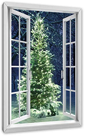 Pixxprint Albero di Natale luminoso, finestra, dimensioni: 120 x 80 cm, su tela, pronto da appendere, decorazione da parete, stampa artistica, non poster