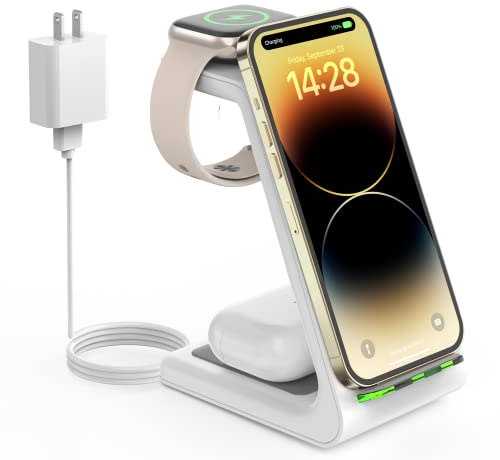 Wireless Charging Station for Apple - 3 in 1 Wireless Charger Stand Dock Watch and Phone Charger Station for Apple Watch 11/8/7/SE/6/5/4/3/2, iPhone 17 Air 16-12 Pro Max SE XS X, Samsung, AirPods