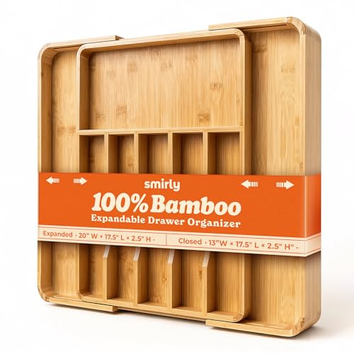 SMIRLY Silverware Drawer Organizer – Bamboo Kitchen Drawer Organizer, Adjustable Utensil Holder and Cutlery Tray, Drawer Dividers for Flatware and Kitchen Utensils