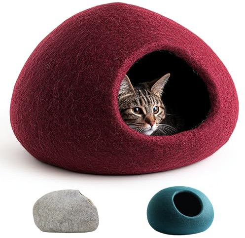 XL Katzenhöhle Katzenbett Katzenhaus – feinste Romney Wolle – kräftig gefilzt – außen robust & innen kuschelig weich – Bordeauxrot