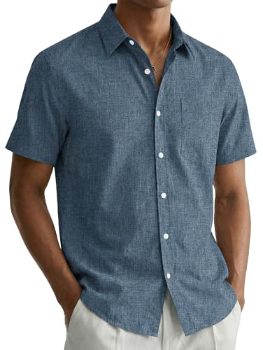 COOFANDY Shirts for Men Short Sleeve Shirt Summer Casual Shirts Regular Fit Holiday Shirt with Pocket Gray/Blue L
