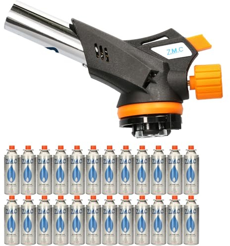Z.M.C Gasbrännare 1,3 kW + 24 gaspatroner 227 g - justerbar flambrännare, bunsen med piezoelektrisk tändning, för kök