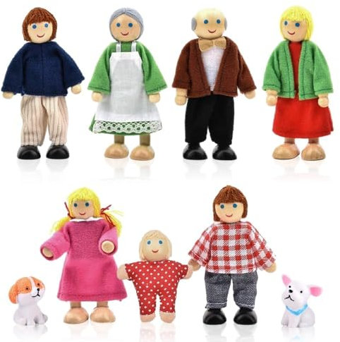 Udbrud Puppenfamilie Set - Biegepuppen 7 Personen Holz Minipuppen Mit 2 Hund, 9-köpfige Familie für Puppenhaus - Kinder Spiel Haus Geschenk