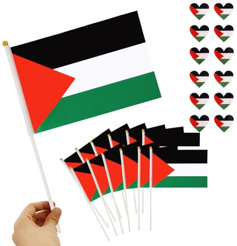 12 Pcs Drapeaux Palestine Petits+12 Pcs Palestine Autocollant,20 x 14.5 cm Mini Drapeau Palestine avec Mât,4 x 3.5 cm Autocollants en Forme de Cœur Palestinien,pour Décoration